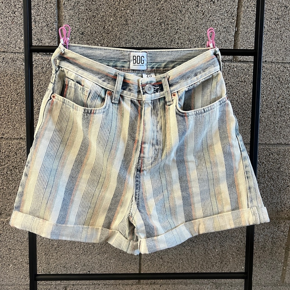 Urban Outfitters BDG Mom High Rise Striped Jean Shorts - Blue and Tan